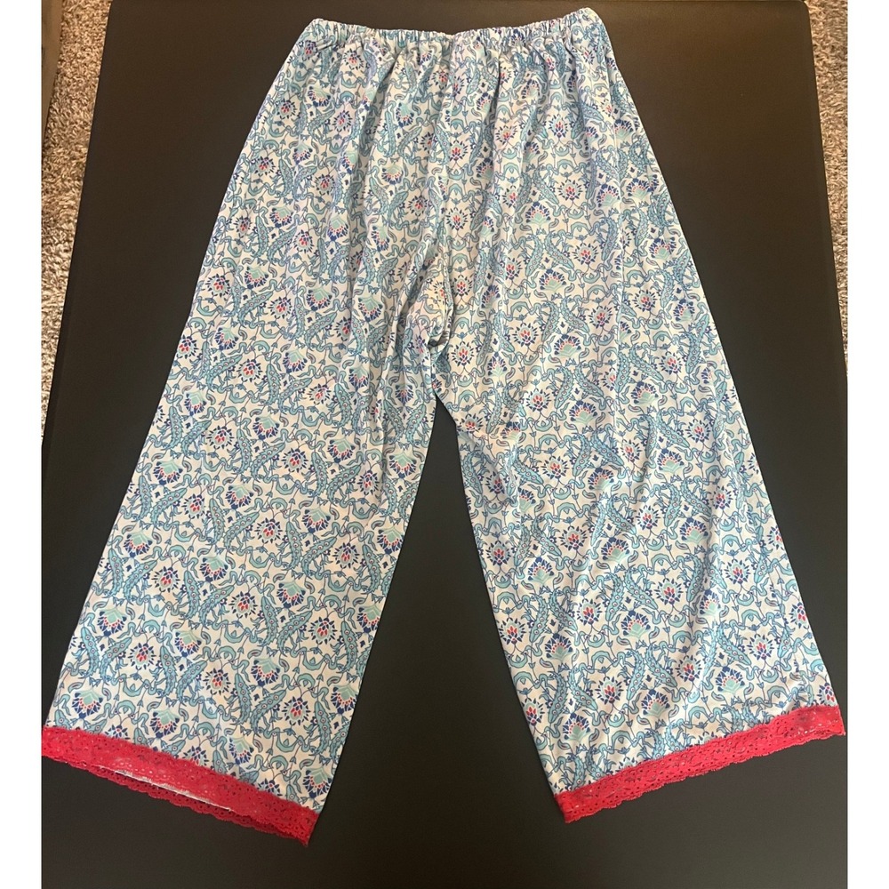 Blue Red Floral Damask Pajama Pants XL Lace Trim Lounge Crop Wide Leg RN 1194 - Picture 2 of 11
